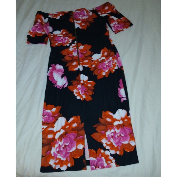 Bisou Bisou Black Floral Retro 90s Vibe Pencil Dress Sz 12 Off Shoulder Back Zip - Picture 8 of 11